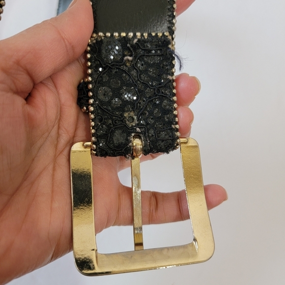 VTG Leather Belt Black Sparkly Sz S/M Buckle Y2K Whimsigoth Grunge Witch USA